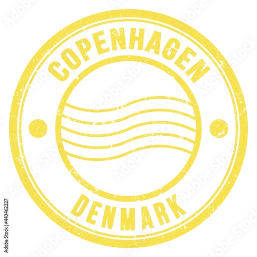 Canvas Print COPENHAGEN - DENMARK, words written on yellow postal stamp