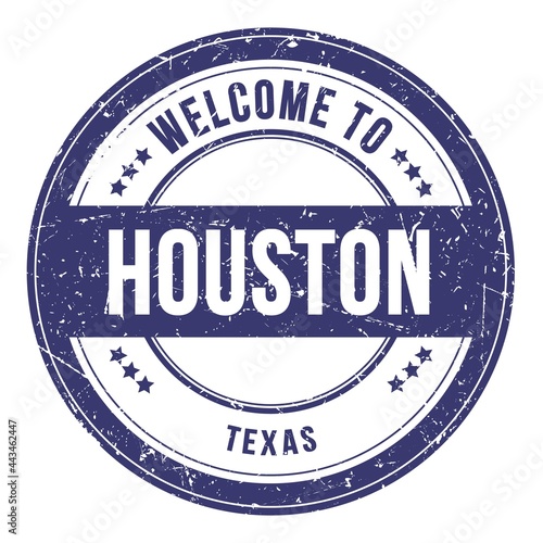 WELCOME TO HOUSTON - TEXAS, words written on blue stamp