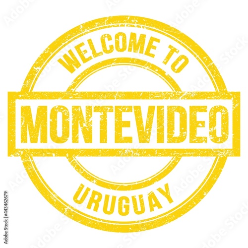 WELCOME TO MONTEVIDEO - URUGUAY, words written on yellow stamp