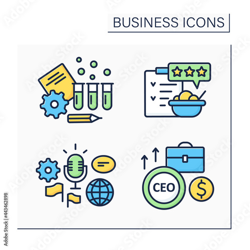Business color icons set. Global forum  rating and testing. Chief executive officer. Business idea concept. Isolated vector illustrations