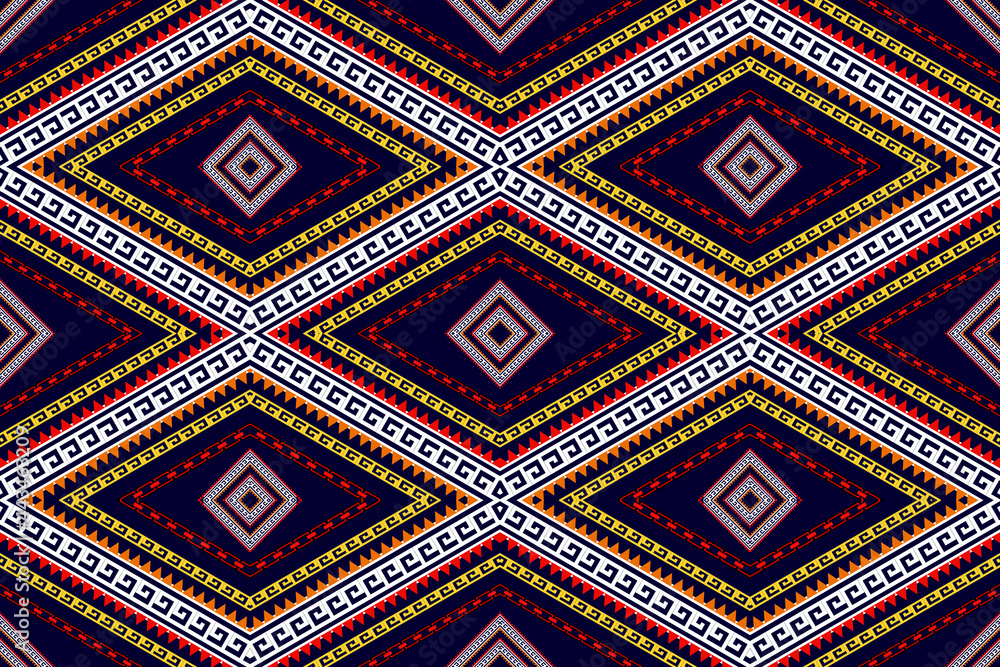 Geometric ethnic pattern. Red yellow and white tone with Sky blue background Design for background,carpet,wallpaper,clothing,wrapping,Batik,fabric,Vector illustration.embroidery style.