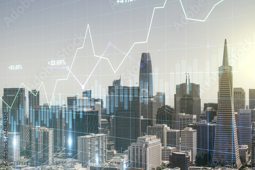 Multi exposure of virtual abstract financial diagram on San Francisco office buildings background, banking and accounting concept