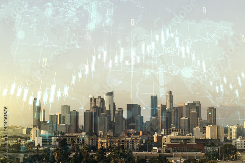Double exposure of abstract creative financial diagram and world map on Los Angeles office buildings background, banking and accounting concept