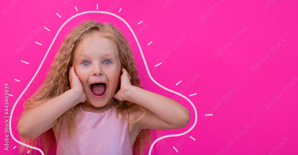surprise portrait of amazed little girl with open mouth wow on pink background advertising for kids store surprise portrait of amazed little girl with open mouth wow on pink background advertising for kids store