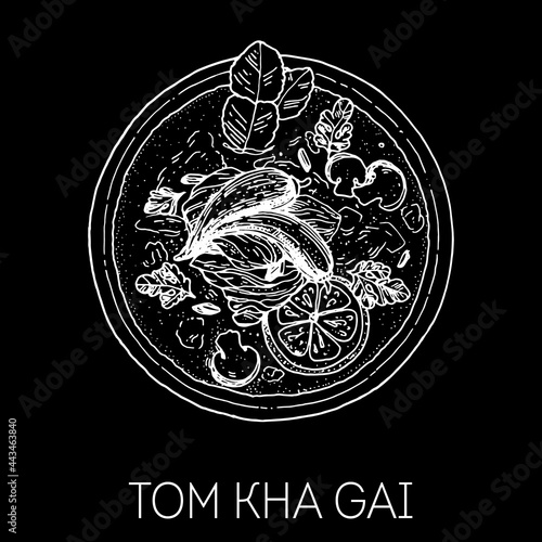 Tom Kha Gai, thai food. Chicken coconut soup. Hand drawn vector illustration. Sketch style. Top view. Vintage vector illustration.