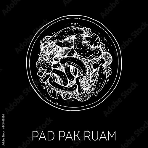 Pad Pak Ruam, thai food. Hand drawn vector illustration. Sketch style. Top view. Vintage vector illustration.