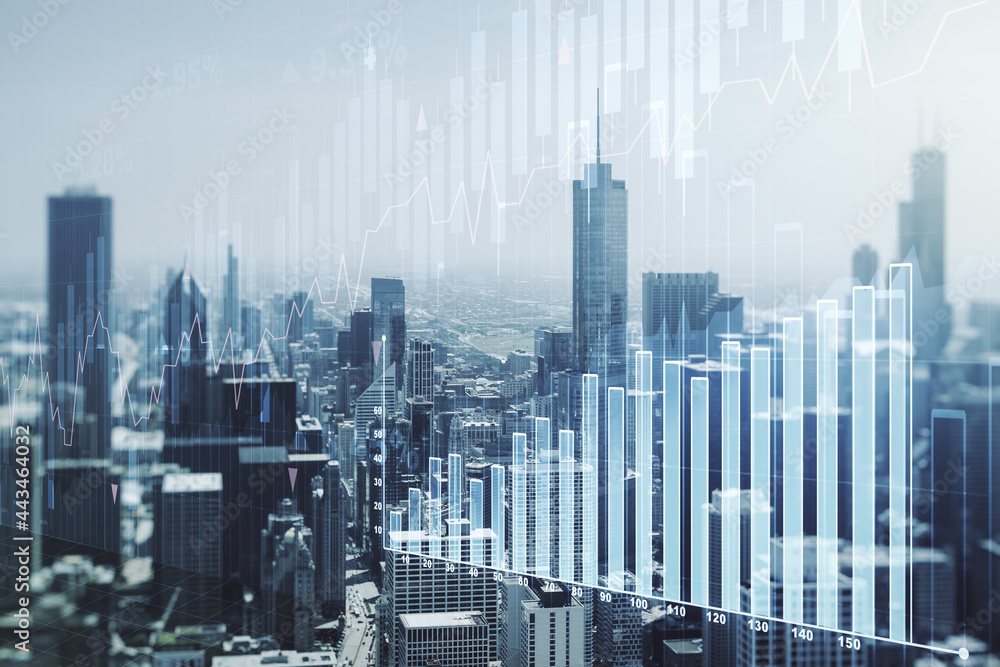 Multi exposure of virtual creative financial chart hologram on Chicago skyscrapers background, research and analytics concept Multi exposure of virtual creative financial chart hologram on Chicago skyscrapers background, research and analytics concept