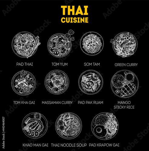 Thai food sketch. Set of thai dishes with pad thai, tom yum, som tam, green curry, sticky rice. Food menu design tempalte. Thai cuisine. Vintage hand drawn sketch vector illustration. Engraved image.