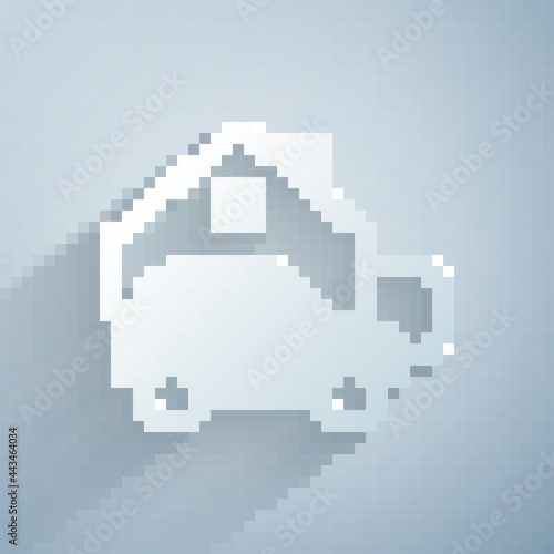 Paper cut Electric car parking charging at home wall box charger station on house icon isolated on grey background. Paper art style. Vector