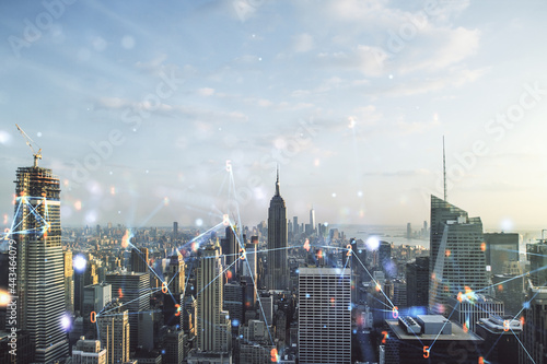 Abstract virtual wireless technology hologram on New York city skyline background. Big data and database concept. Multiexposure © Pixels Hunter
