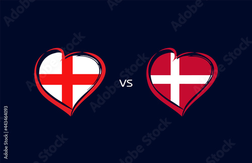 England vs Denmark, flags in heart emblem. English and Danish national team soccer flags on blue background. Vector illustration for football championship final banner