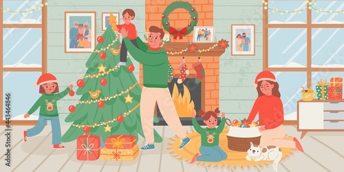 Family celebrate christmas at home. Parents and children decorate xmas tree in living room interior with fireplace. New year vector poster