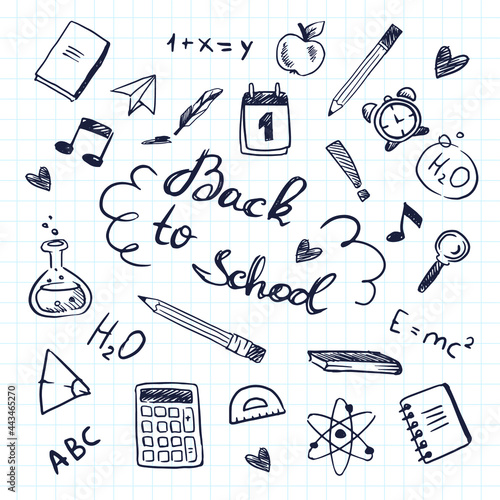 Vector set of doodle hand drawn study supply, objects for learning at school or university in the copybook or paper