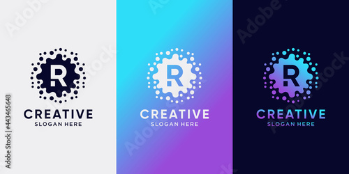 Creative monogram molecule logo design with initial letter R and dot concept. Logo icon for business company and personal