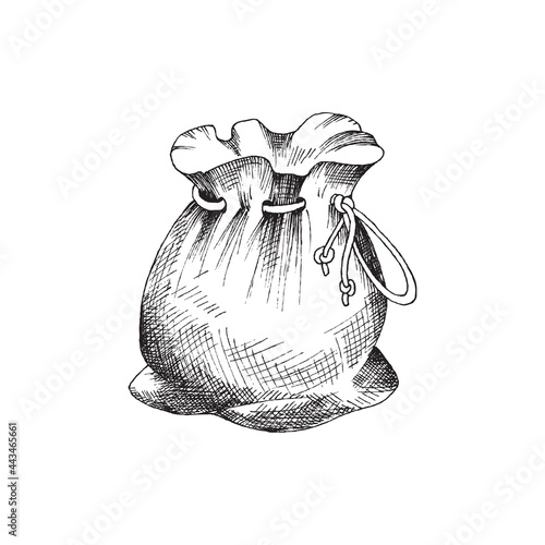 Canvas sack or bag with rope strings, engraving vector illustration isolated.