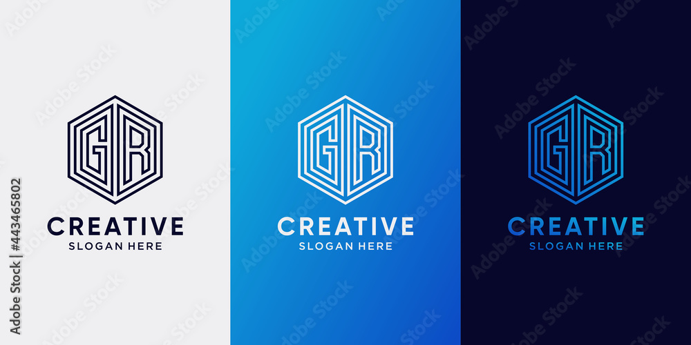 Creative monogram hexagon logo design with initial letter GR and line art style. Logo icon for business company and personal Creative monogram hexagon logo design with initial letter GR and line art style. Logo icon for business company and personal