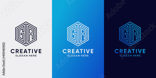 Creative monogram hexagon logo design with initial letter GR and line art style. Logo icon for business company and personal