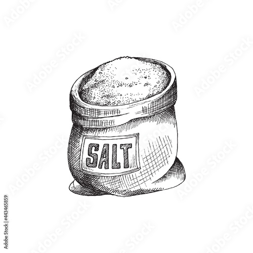 Sack with label full of granular salt a vector illustration in engraved style.