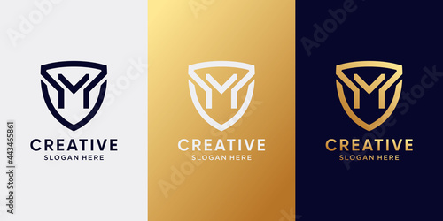 Monogram logo design initial letter M with line art style and shield concept. Logo design template for business company and personal