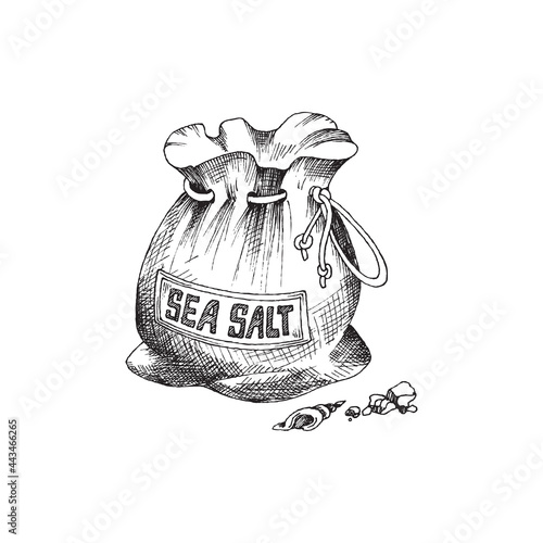 Sea salt in sack with label a vector illustration in engraved style.