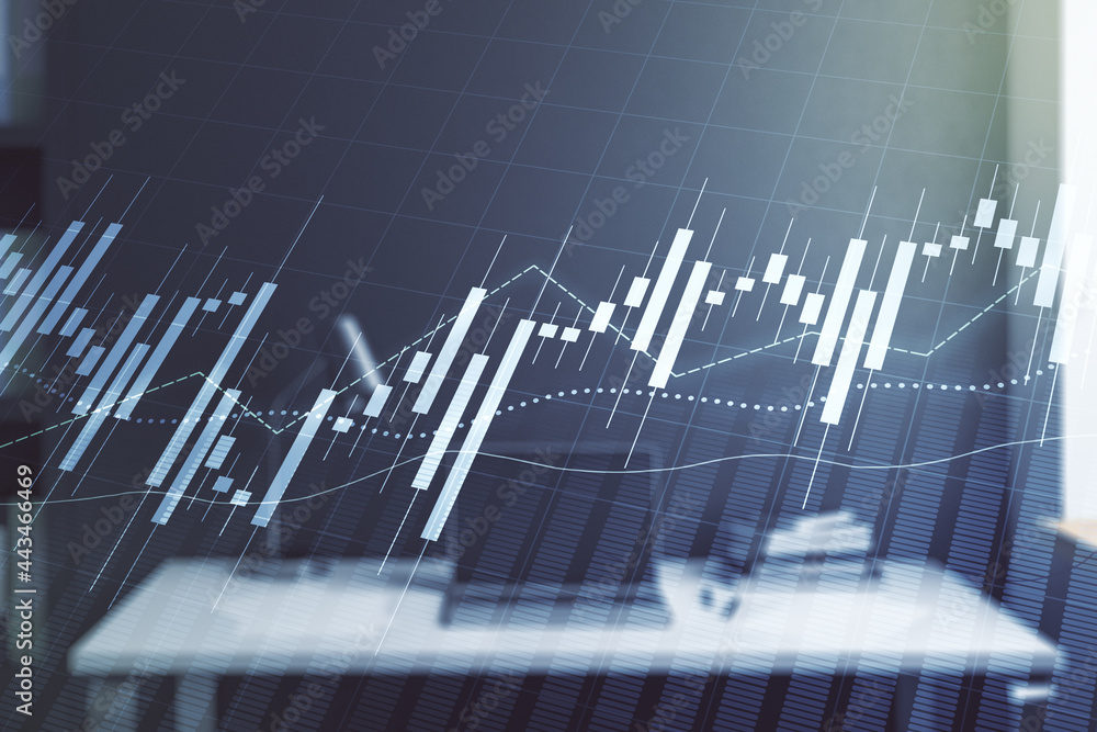 Multi exposure of abstract creative financial chart and modern desktop with laptop on background, research and analytics concept Multi exposure of abstract creative financial chart and modern desktop with laptop on background, research and analytics concept