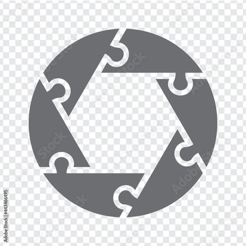 Simple icon puzzles in gray. Simple icon circle puzzle of the six elements and hexagon center on transparent background for your web site design, app, UI. EPS10.