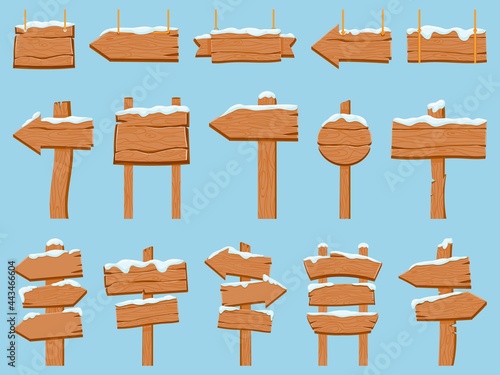 Wooden signboards with snow. Wood banners, hanging boards and direction arrow. Cartoon winter signpost planks with ice snowy caps vector set