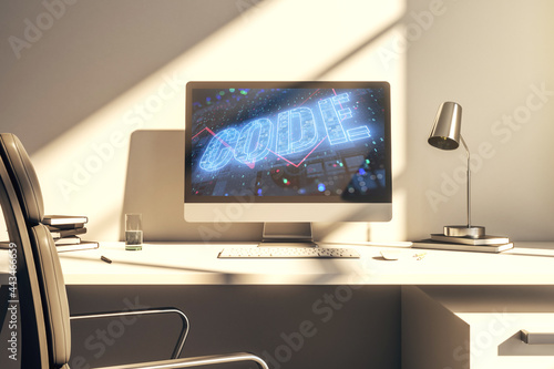 Creative Code word hologram on modern computer monitor, artificial intelligence and neural networks concept. 3D Rendering