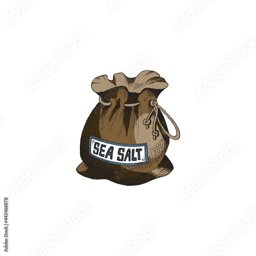 Canvas sack or bag with sea salt engraving style vector illustration isolated.