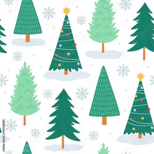 Christmas tree seamless pattern. Noel print with snowflakes  xmas decorated and forest pine trees. Winter holiday cute tree vector wallpaper