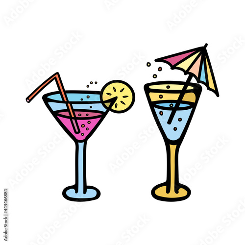 Set of color vector illustrations of cocktail glasses with bubbles, lemon, umbrella and straw. Icon for bar and club, logo, website, party, cafe menu, textile, postcard, bar menu.
