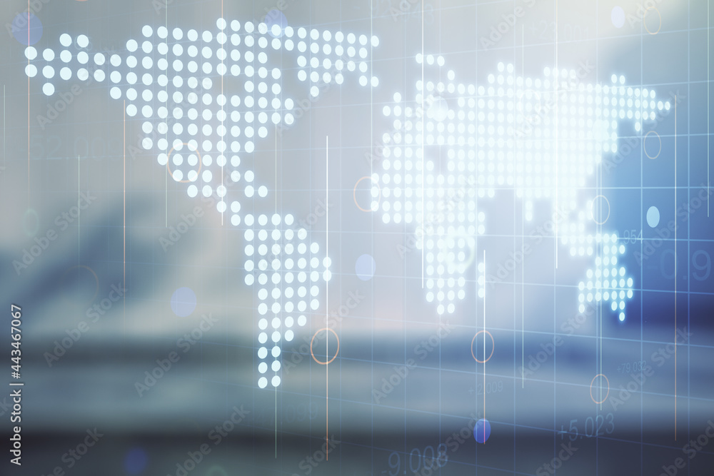 Double exposure of abstract digital world map hologram on contemporary business center exterior background, big data and blockchain concept Double exposure of abstract digital world map hologram on contemporary business center exterior background, big data and blockchain concept