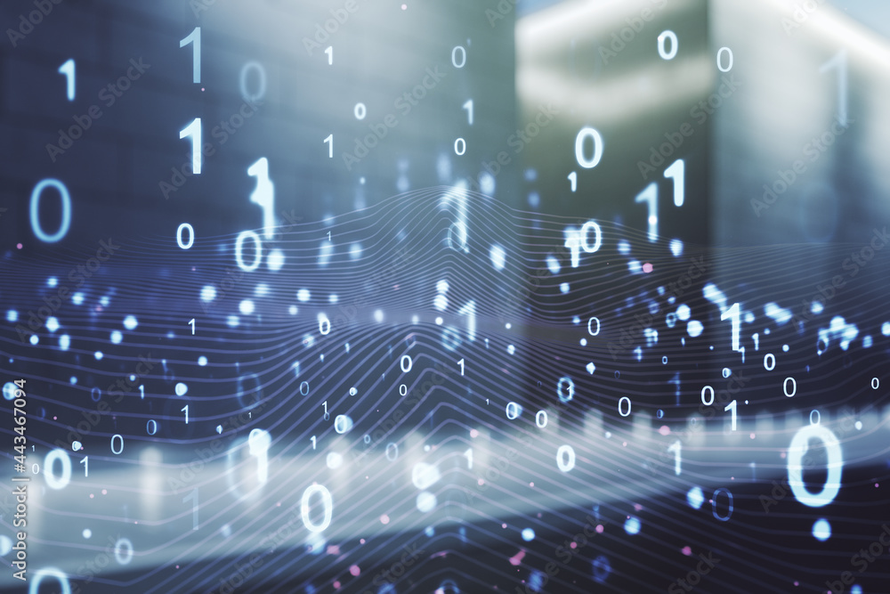 Obraz premium Abstract virtual binary code illustration on blurry modern office building background. Big data and coding concept. Multiexposure