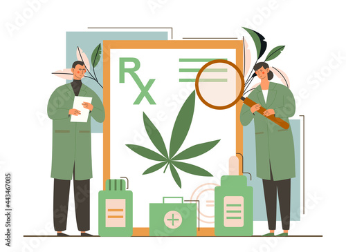 Male and female doctors showing prescription for medical marijuana, bottle with cbd oil