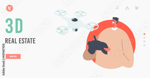 3d Real Estate Landing Page Template. Male Character Holding Control Pad in Hands for Managing Quadcopter for House
