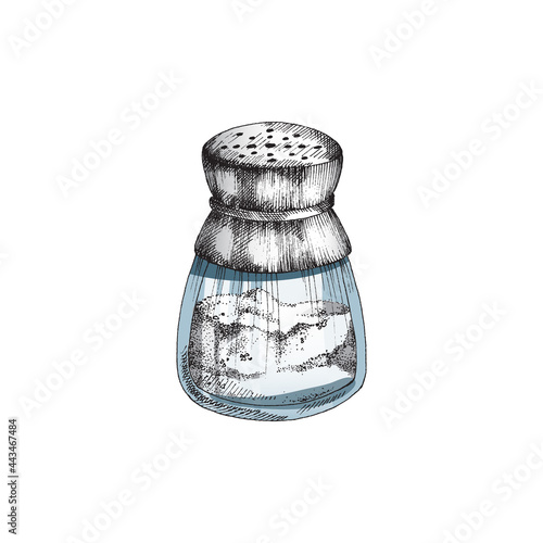 Glass salt shaker container engraving monochrome vector illustration isolated.