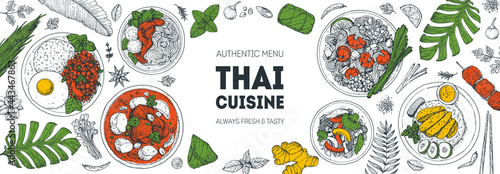 Thai food top view vector illustration. Food menu design template. Hand drawn sketch. Thai food menu. Vintage style. Pad thai, khao man gai, thai noodle soup, pad krapow gai, massaman curry.