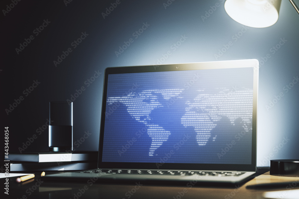 Computer monitor with abstract creative digital world map, globalization concept. 3D Rendering Computer monitor with abstract creative digital world map, globalization concept. 3D Rendering