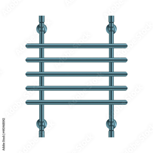 Vector illustration heated towel rail isolated on white background. Realistic metal coil pipe icon in flat cartoon style. Modern iron bathroom central heating radiator. Shiny towel rack for bathroom.