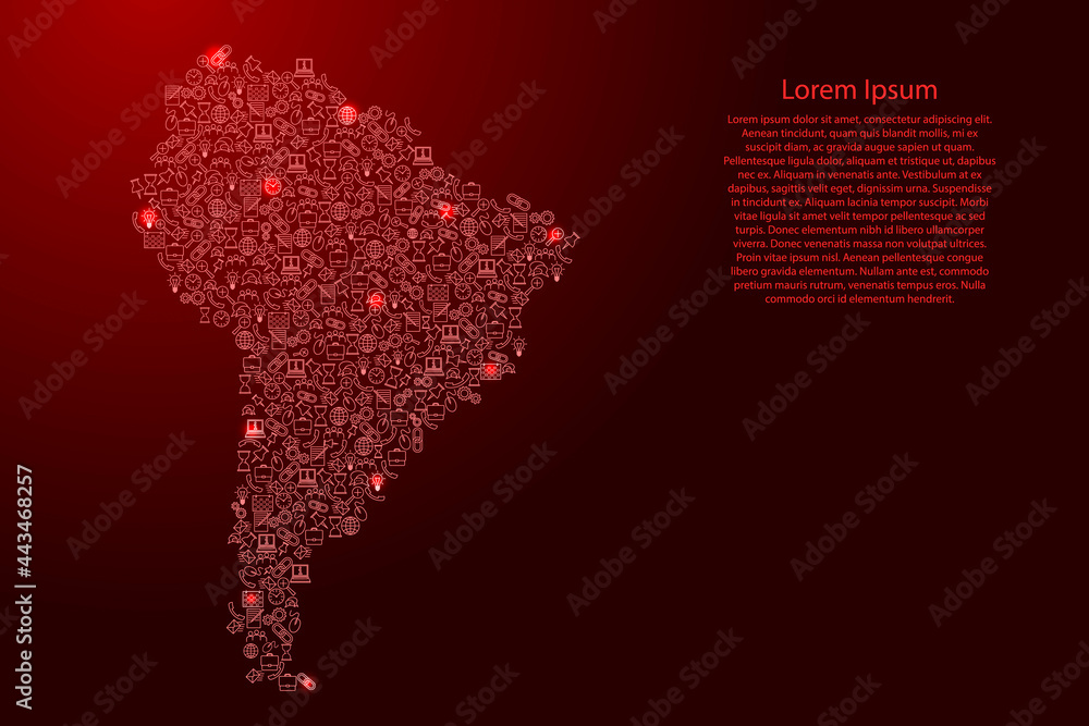 South America map from red and glowing stars icons pattern set of SEO analysis concept or development, business. Vector illustration. South America map from red and glowing stars icons pattern set of SEO analysis concept or development, business. Vector illustration.