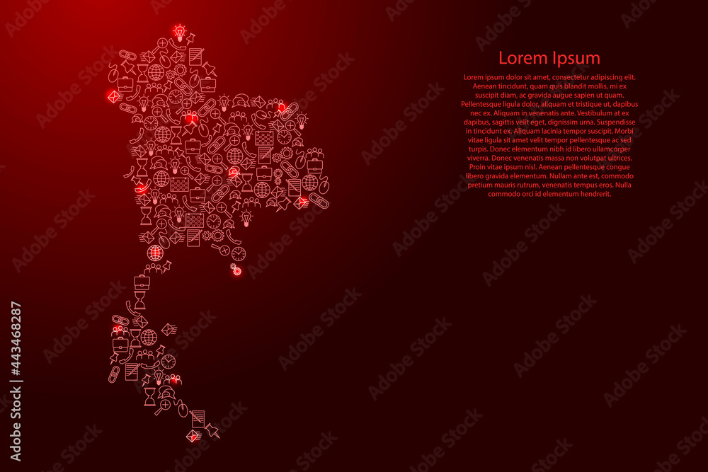 Thailand map from red and glowing stars icons pattern set of SEO analysis concept or development, business. Vector illustration. Thailand map from red and glowing stars icons pattern set of SEO analysis concept or development, business. Vector illustration.
