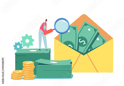Tiny Male Character with Huge Magnifying Glass Look on Money in Envelope. Aml, Campaign Against Money Laundering