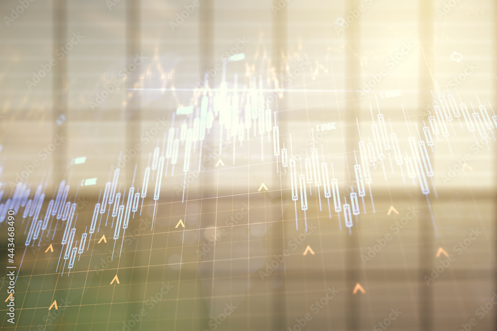Double exposure of abstract creative financial chart hologram and world map on empty modern office background, research and strategy concept Double exposure of abstract creative financial chart hologram and world map on empty modern office background, research and strategy concept