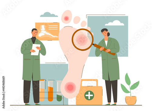 Male and female podiatry doctors are examining foot of patient with magnifier