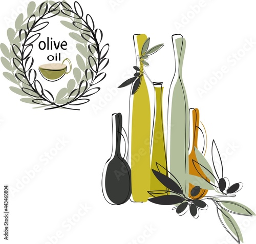 Olive oil and  and set olive .bottle, glass for creating logo,patterns,greeting cards. Olive oil abstract bottles .
