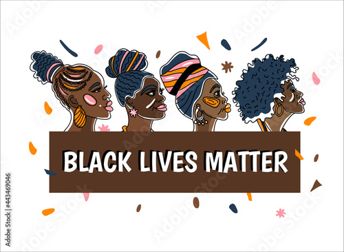 Black Livwe Matter poster with beautiful African-american women. Line art style minimalism style We are Woman concept illustration.