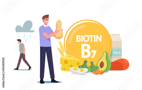 Male Character Holding Peanut Eating Healthy Food and Natural Ingredients, Man Applying Biotin, Vitamin B7 for Health
