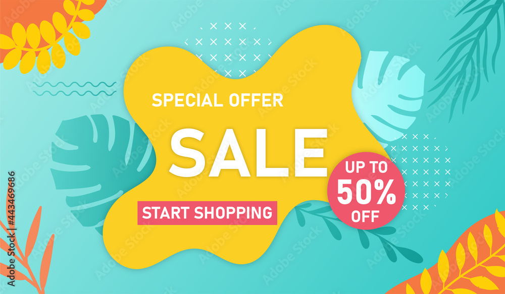 Cute shopping poster with sale lettering on colorful background