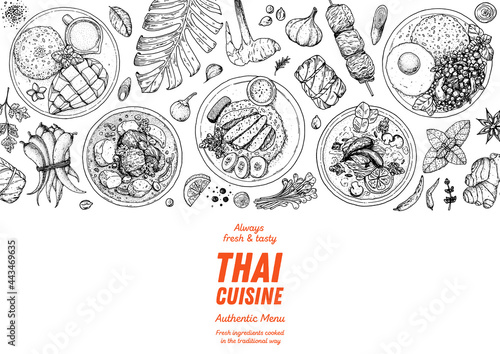 Thai food top view vector illustration. Food menu design template. Hand drawn sketch. Thai food menu. Vintage style. Mango sticky rice, massaman curry, khao man gai, tom kha gai, pad krapow gai