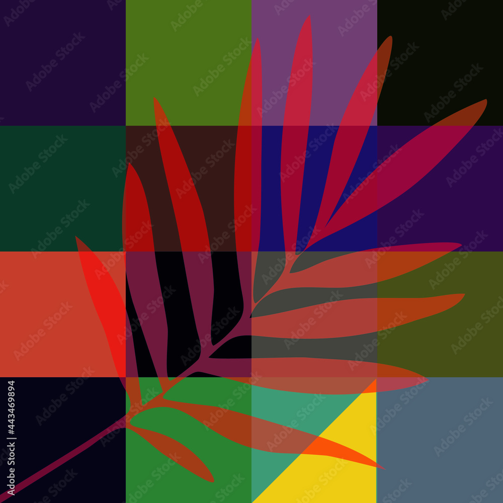A tropical large leaf on a background of colorful squares. The vector file is suitable for fashion magazines, wallpapers, business presentations, fabrics and more.
